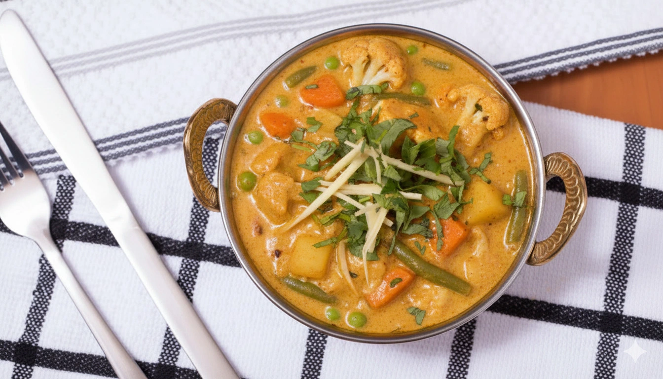 Veggie korma at Shahi Flames Indian restaurant Winnipeg - mixed vegetables in creamy cashew and coconut sauce